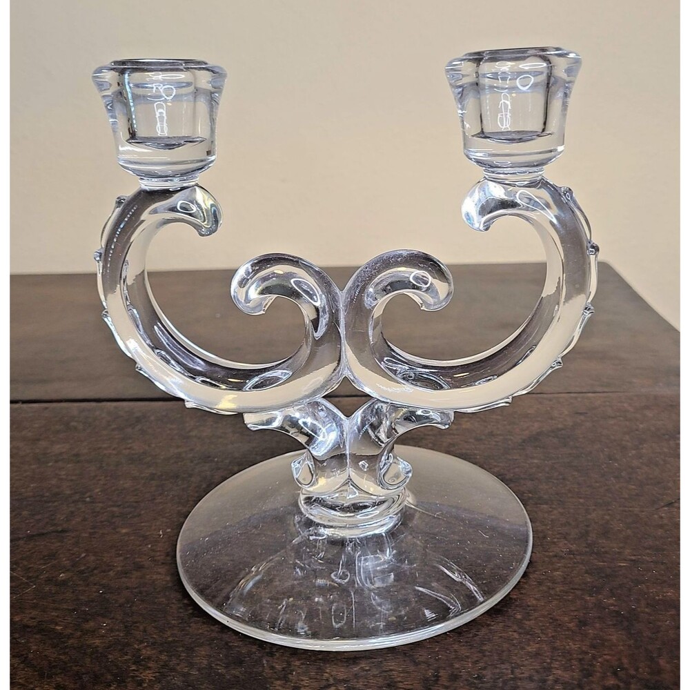 Vintage Art Glass Crystal Double Candle Holder Swirl 8" Elegant Centerpiece Deco